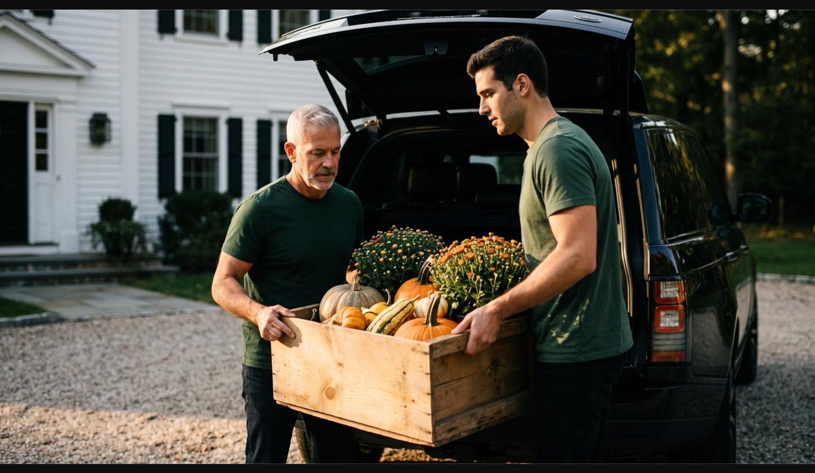 Gatherwell team arriving with a crate of heirloom pumpkins and mums
